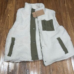 Women's White and Green Sherpa Vest